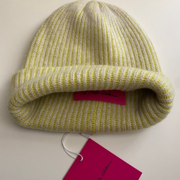THE ELDER STATESMAN Stripe WATCHMAN BEANIE CAP - White/Limon - Picture 2 of 3